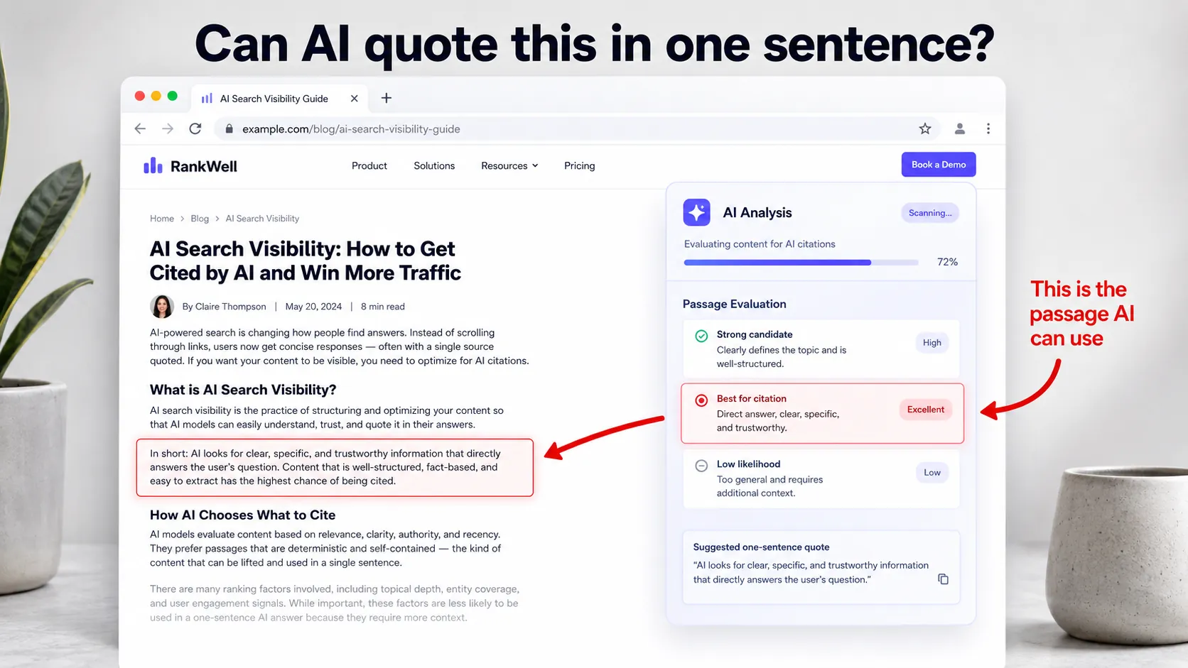 Illustration of how AI search engines test content for quotable passages when generating answers