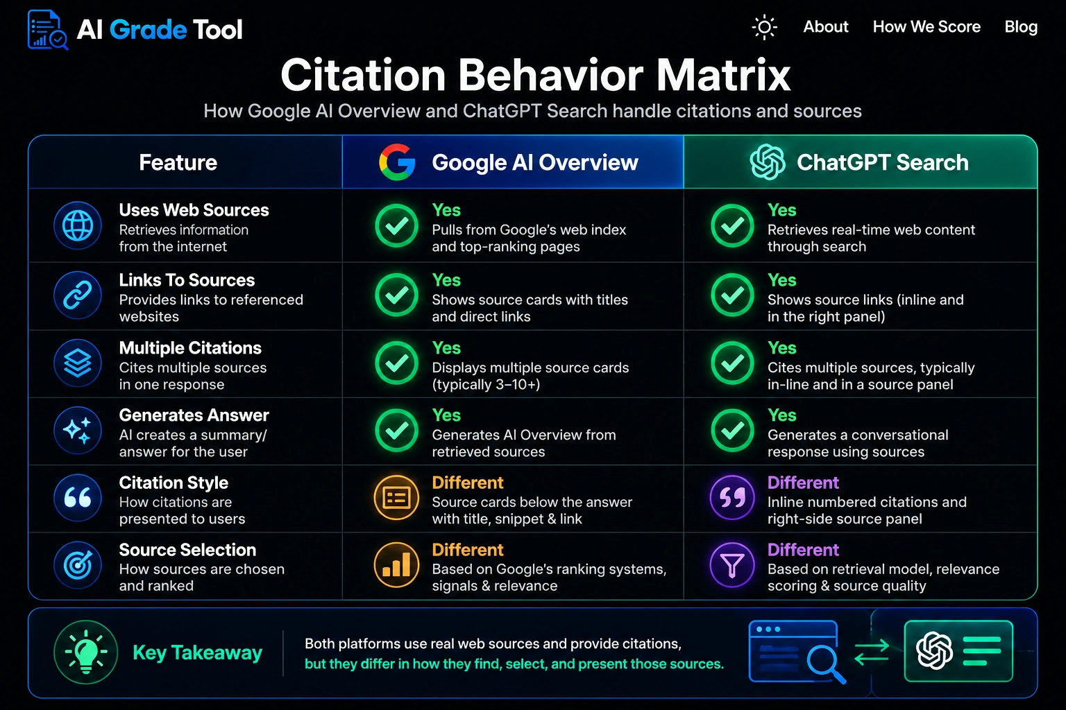 Behavior matrix comparing Google AI Overview and ChatGPT Search across query type, source signals, freshness sensitivity, citation interface, and content style preferences