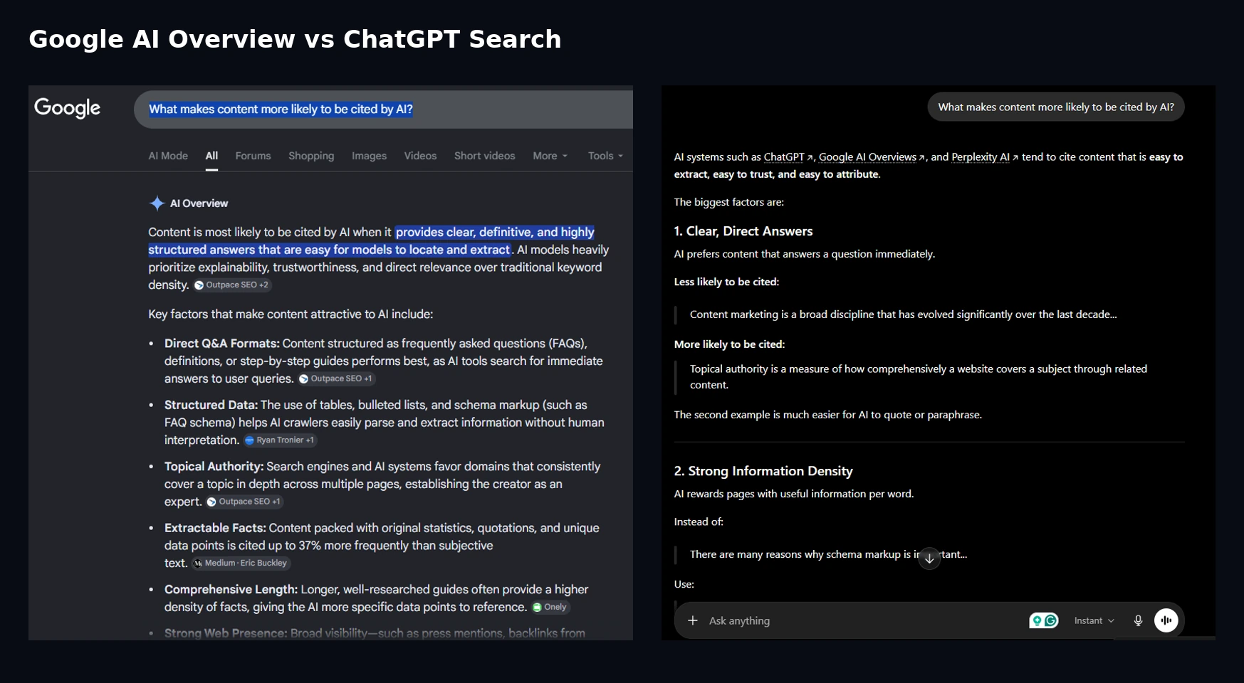 Side-by-side comparison of Google AI Overview and ChatGPT Search citation behavior showing key differences in source selection, interface, and query type